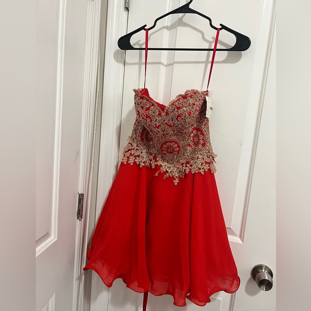 Women’s Strapless Dress|Size: 2| Color: Red/Gold